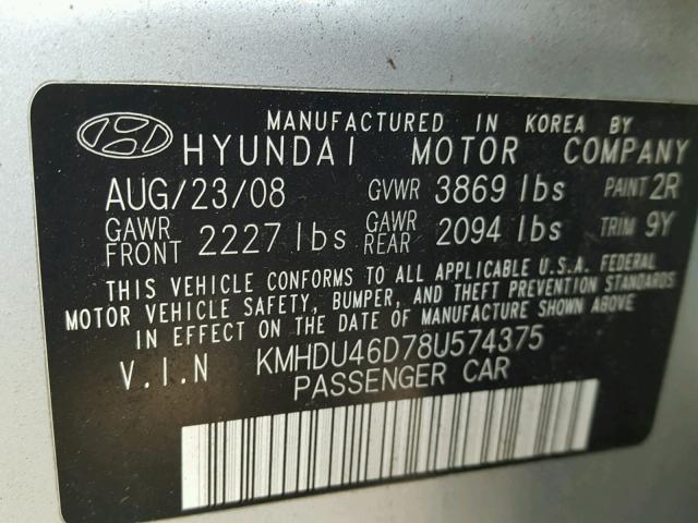 KMHDU46D78U574375 - 2008 HYUNDAI ELANTRA GL SILVER photo 10