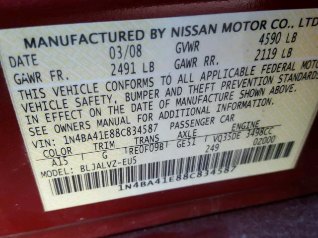 1N4BA41E88C834587 - 2008 NISSAN MAXIMA SE BURGUNDY photo 10