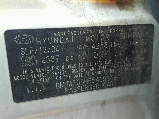 KMHWF35H65A151494 - 2005 HYUNDAI SONATA SILVER photo 10