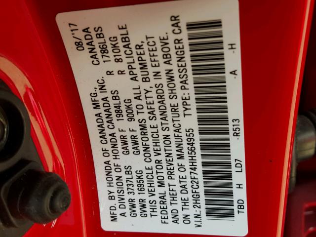 2HGFC2F74HH564955 - 2017 HONDA CIVIC EX წითელი ფოტო 10