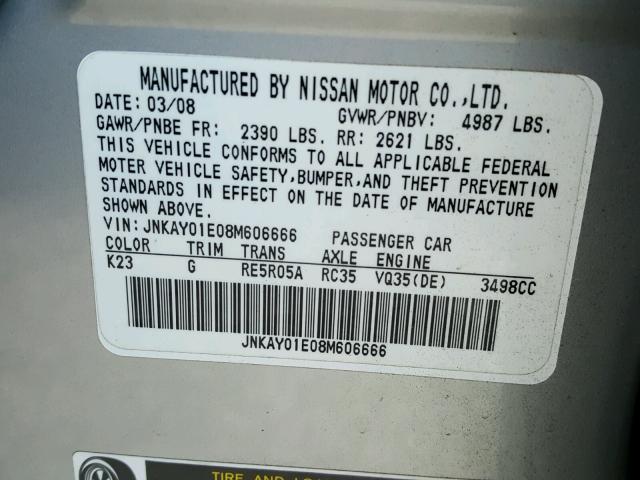 JNKAY01E08M606666 - 2008 INFINITI M35 BASE SILVER photo 10