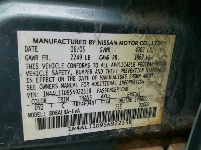 1N4AL11D95N922558 - 2005 NISSAN ALTIMA S GREEN photo 10