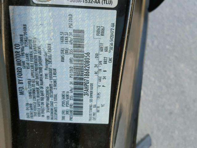 3FAHP07186R208056 - 2006 FORD FUSION SE BLACK photo 10