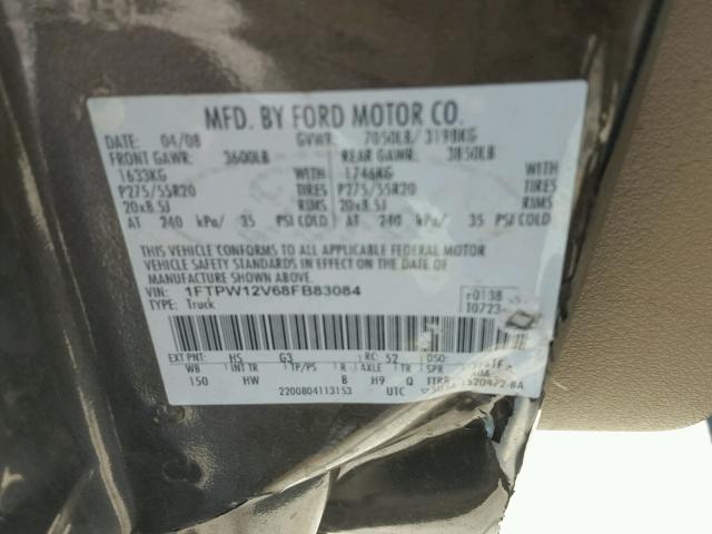 1FTPW12V68FB83084 - 2008 FORD F150 SUPER BROWN photo 10