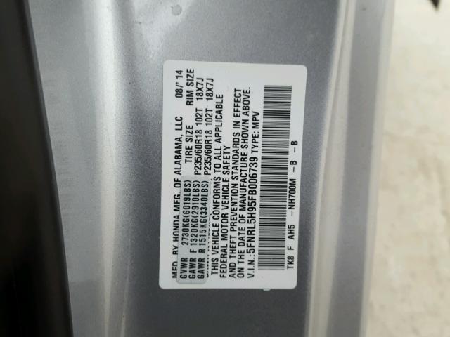 5FNRL5H95FB006739 - 2015 HONDA ODYSSEY TO SILVER photo 10