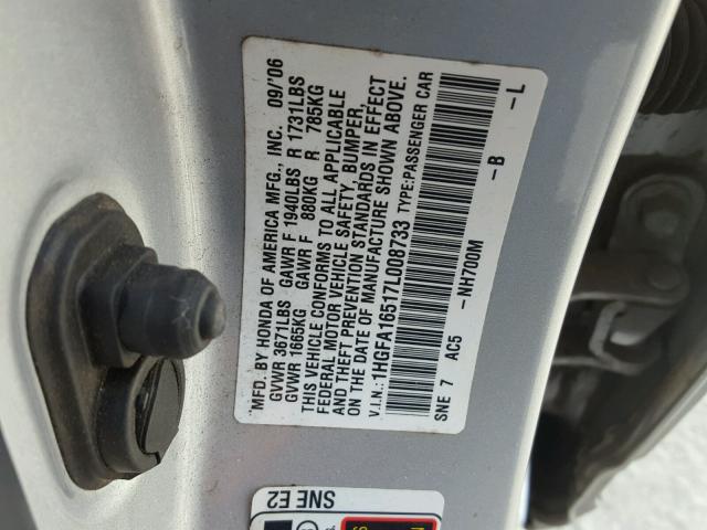 1HGFA16517L008733 - 2007 HONDA CIVIC LX SILVER photo 10