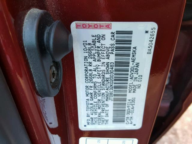 JTDBE32K020030483 - 2002 TOYOTA CAMRY LE RED photo 10