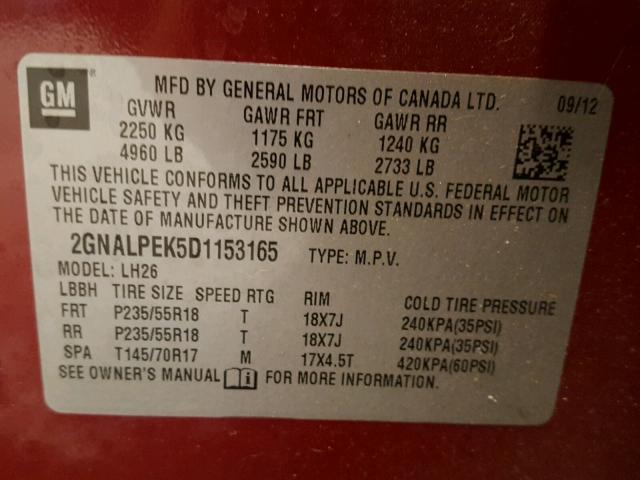 2GNALPEK5D1153165 - 2013 CHEVROLET EQUINOX LT RED photo 10