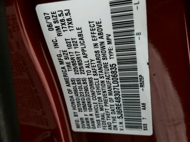 5J6RE48307L006835 - 2007 HONDA CR-V LX MAROON photo 10