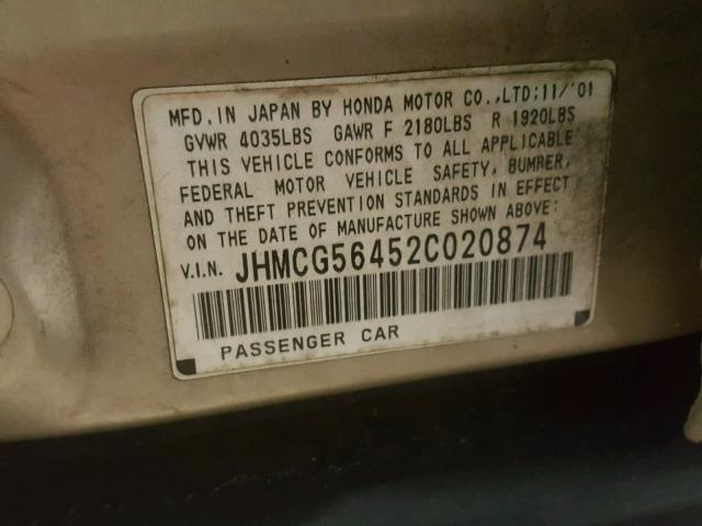 JHMCG56452C020874 - 2002 HONDA ACCORD LX GOLD photo 10