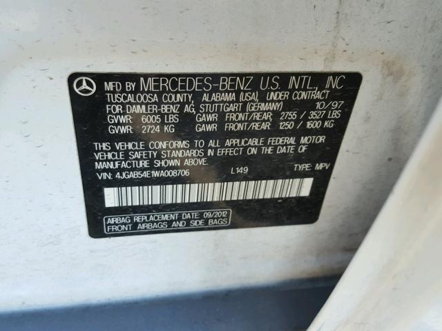 4JGAB54E1WA008706 - 1998 MERCEDES-BENZ ML 320 WHITE photo 10