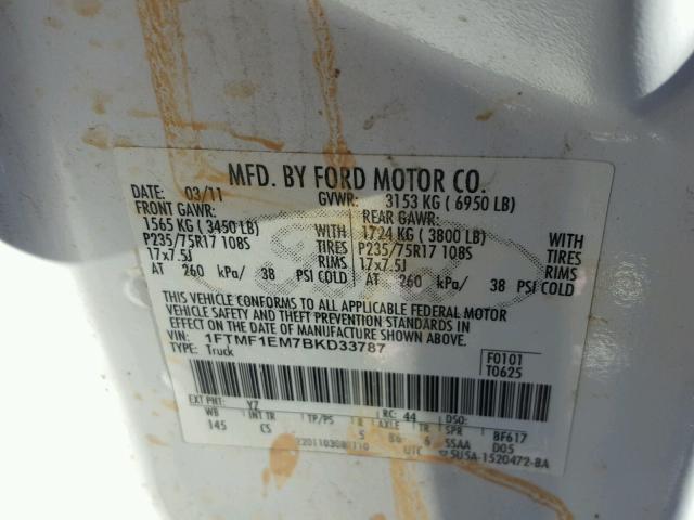 1FTMF1EM7BKD33787 - 2011 FORD F150 WHITE photo 10