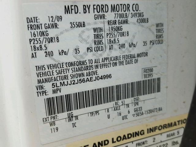 5LMJJ2J56AEJ04996 - 2010 LINCOLN NAVIGATOR WHITE photo 10