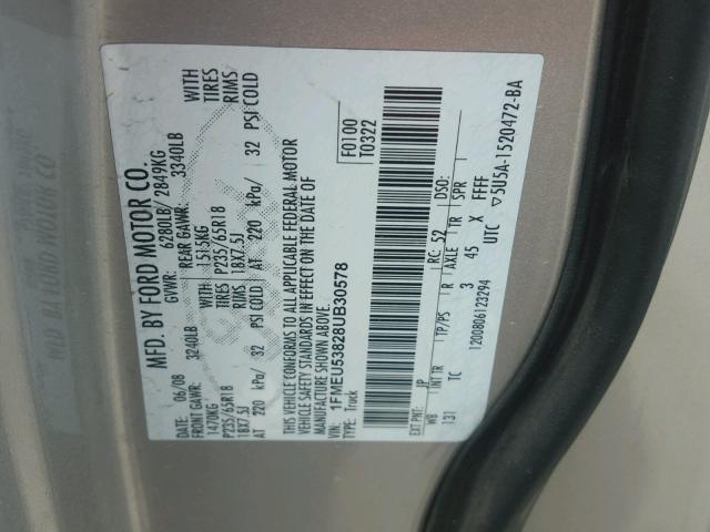 1FMEU53828UB30578 - 2008 FORD EXPLORER S SILVER photo 10