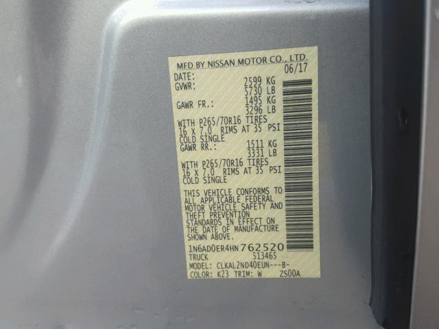 1N6AD0ER4HN762520 - 2017 NISSAN FRONTIER S SILVER photo 10