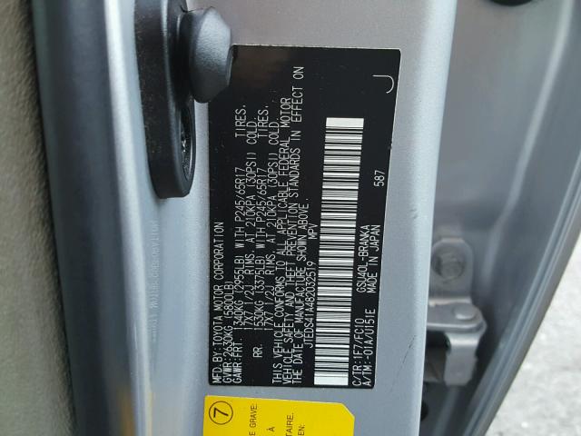 JTEDS41A482032519 - 2008 TOYOTA HIGHLANDER SILVER photo 10