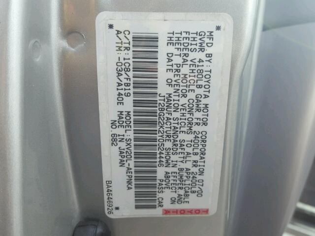 JT2BG22K2Y0524446 - 2000 TOYOTA CAMRY CE SILVER photo 10