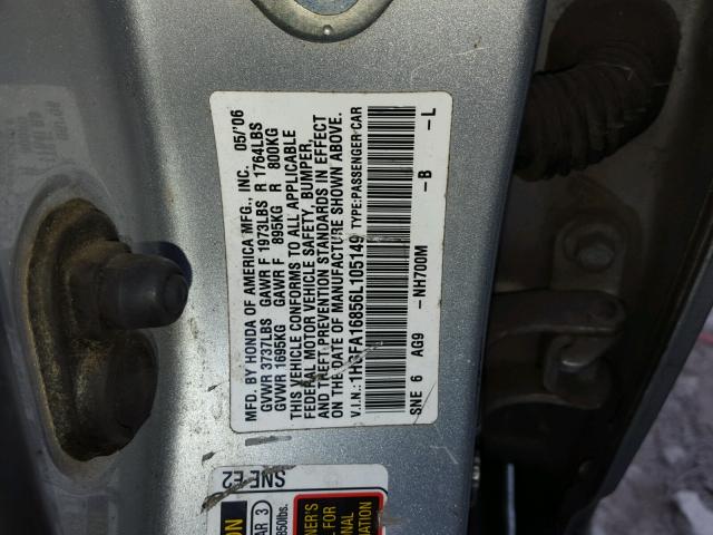 1HGFA16856L105149 - 2006 HONDA CIVIC EX ვერცხლისფერი ფოტო 10