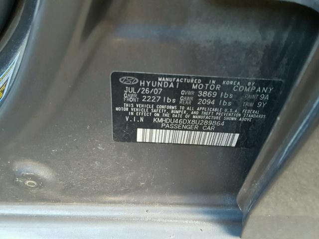 KMHDU46DX8U289864 - 2008 HYUNDAI ELANTRA GL GRAY photo 10