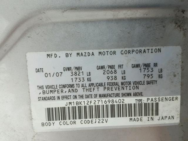 JM1BK12F271698402 - 2007 MAZDA 3 I SILVER photo 10