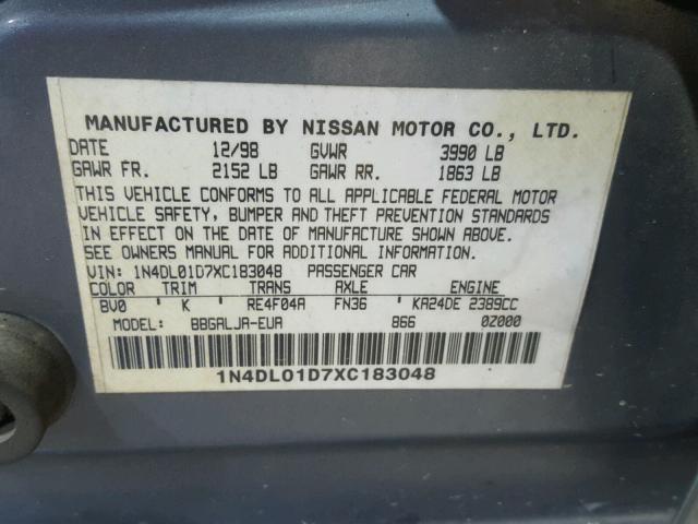 1N4DL01D7XC183048 - 1999 NISSAN ALTIMA XE BLUE photo 10