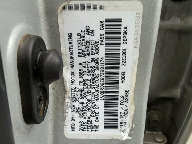 1NXBR32E87Z931174 - 2007 TOYOTA COROLLA CE SILVER photo 10