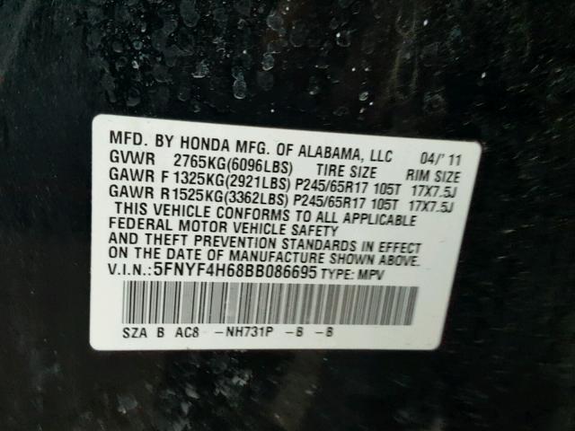 5FNYF4H68BB086695 - 2011 HONDA PILOT EXL BLACK photo 10