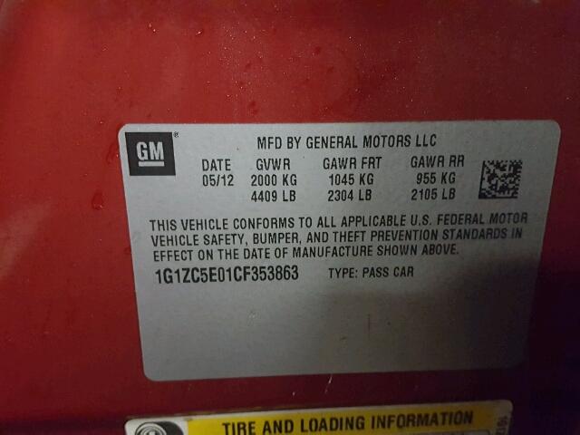 1G1ZC5E01CF353863 - 2012 CHEVROLET MALIBU 1LT RED photo 10