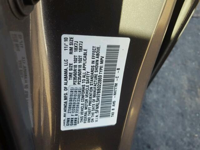 5FNRL5H97BB022869 - 2011 HONDA ODYSSEY TO CHARCOAL photo 10