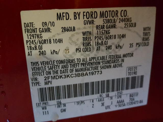 2FMDK3KC3BBA19773 - 2011 FORD EDGE LIMIT RED photo 10