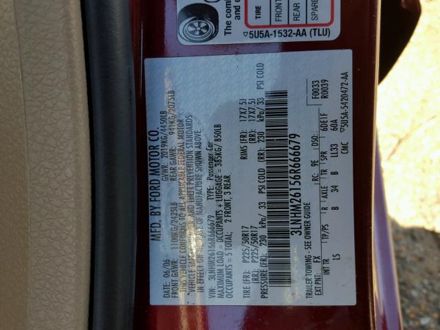 3LNHM26156R666679 - 2006 LINCOLN ZEPHYR RED photo 10