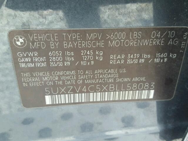 5UXZV4C5XBLL58083 - 2011 BMW X5 XDRIVE3 GRAY photo 10