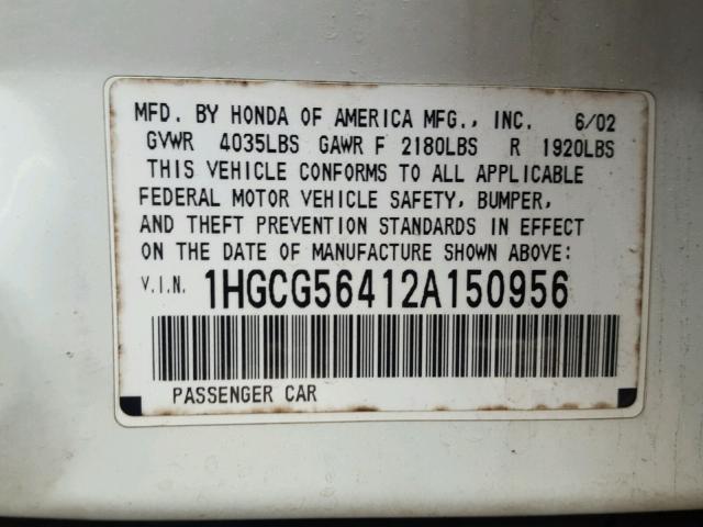 1HGCG56412A150956 - 2002 HONDA ACCORD LX WHITE photo 10