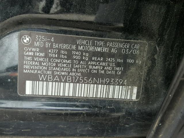 WBAVB17556NH93394 - 2006 BMW 325 I AUTO BLACK photo 10