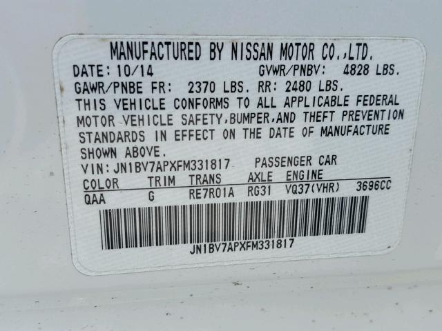 JN1BV7APXFM331817 - 2015 INFINITI Q50 BASE Blanco foto 10