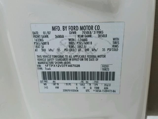 1FTPX12V37FA67028 - 2007 FORD F150 WHITE photo 10