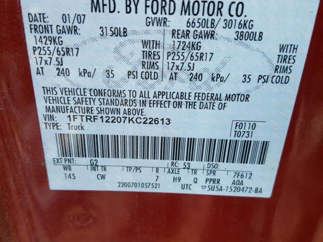 1FTRF12207KC22613 - 2007 FORD F150 BURGUNDY photo 10