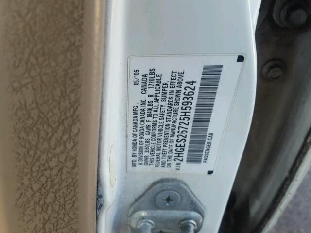2HGES26725H593624 - 2005 HONDA CIVIC EX თეთრი ფოტო 10