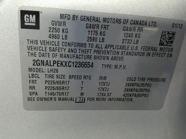 2GNALPEKXC1236654 - 2012 CHEVROLET EQUINOX LT SILVER photo 10