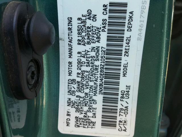 1NXBU40E89Z105127 - 2009 TOYOTA COROLLA BA GREEN photo 10