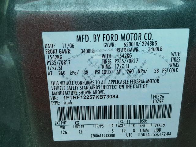 1FTRF12257KB73084 - 2007 FORD F150 GRAY photo 10