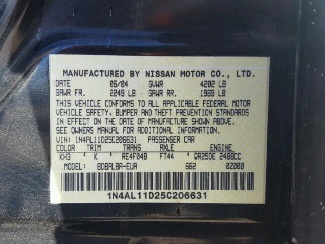 1N4AL11D25C206631 - 2005 NISSAN ALTIMA S BLACK photo 10