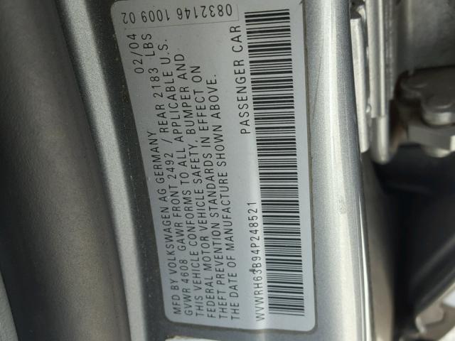 WVWRH63B94P248521 - 2004 VOLKSWAGEN PASSAT GLX GRAY photo 10