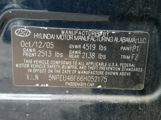 5NPEU46F66H052175 - 2006 HYUNDAI SONATA GLS BLUE photo 10