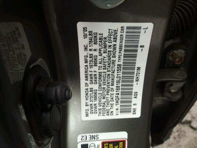 1HGFA16816L011558 - 2006 HONDA CIVIC EX GRAY photo 10