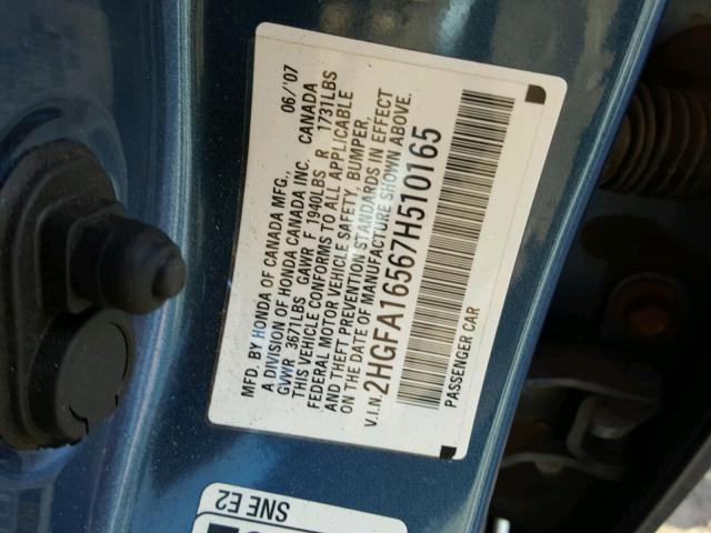 2HGFA16567H510165 - 2007 HONDA CIVIC LX BLUE photo 10