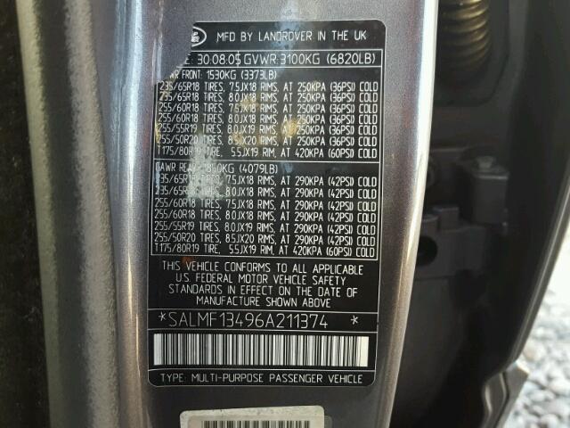 SALMF13496A211374 - 2006 LAND ROVER RANGE ROVE GRAY photo 10