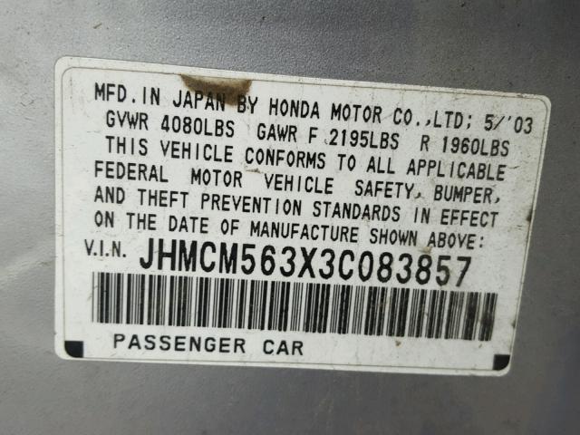 JHMCM563X3C083857 - 2003 HONDA ACCORD LX SILVER photo 10