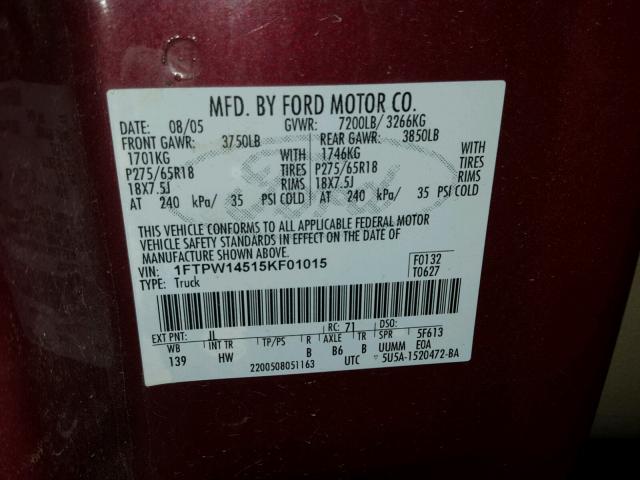 1FTPW14515KF01015 - 2005 FORD F150 SUPER BURGUNDY photo 10