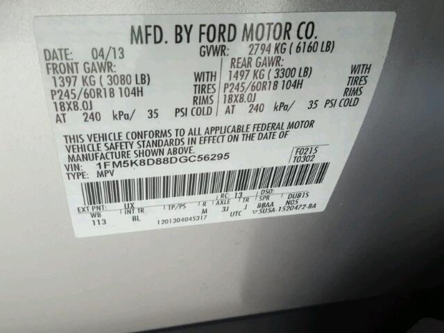 1FM5K8D88DGC56295 - 2013 FORD EXPLORER X SILVER photo 10